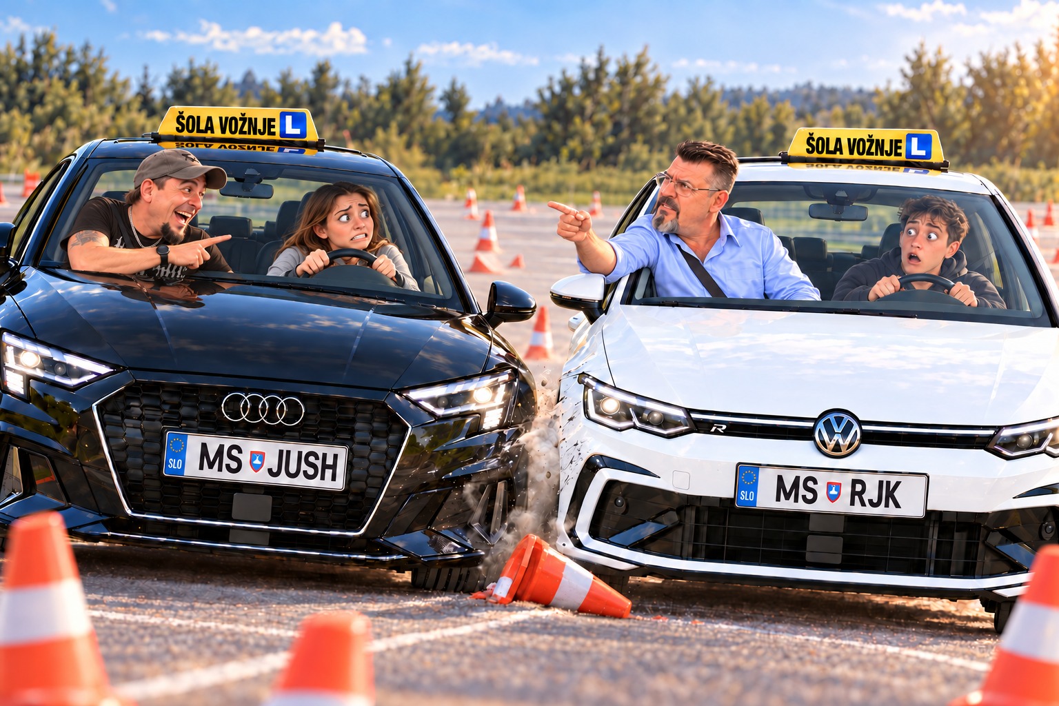 Humorna ilustracija Šole vožnje Kovač z učiteljema Romanom in Joškom, kandidati, črnim Audijem A3 in belim Volkswagnom Golf 8 na poligonu v Pomurju